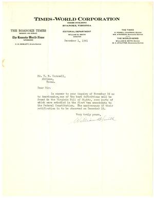 [Letter from William B. Smith to T. N. Carswell - December 1, 1941]
