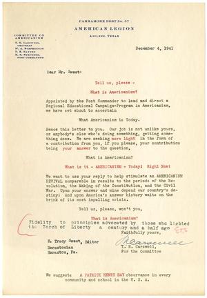 Primary view of object titled '[Form letter from T. N. Carswell to E. Tracy Sweet - December 4, 1941]'.