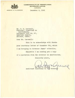 Primary view of object titled '[Letter from Le Roy V. Greene to T. N. Carswell - December 8, 1941]'.