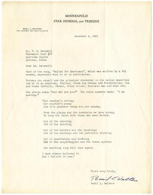 Primary view of object titled '[Letter from Basil L. Walters to T. N. Carswell - December 9, 1941]'.