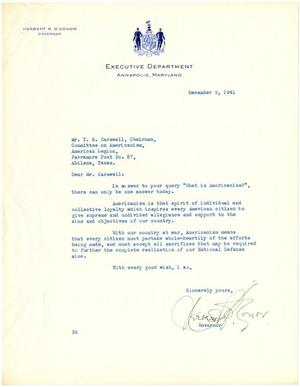 [Letter from Governor Herbert R. O'Conor to T. N. Carswell - December 9, 1941]