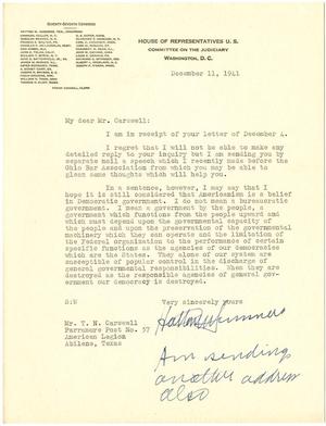 [Letter from Representative Hatton W. Sumners to T. N. Carswell - December 11, 1941]