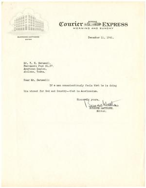 [Letter from Burrows Matthews to T. N. Carswell - December 11, 1941]
