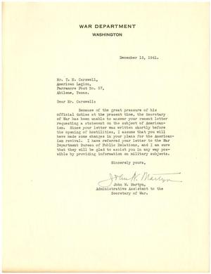 [Letter from John W. Martyn to T. N. Carswell - December 13, 1941]