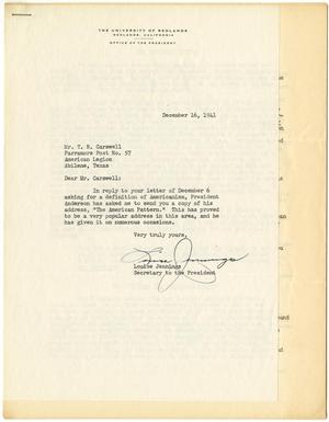 Primary view of object titled '[Letter from Louise Jennings to T. N. Carswell - December 16, 1941]'.