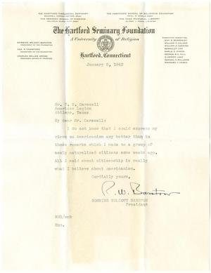 Primary view of object titled '[Letter and envelope:  From Robbins Wolcott Barstow to T. N. Carswell - January 8, 1942]'.