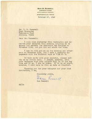 Primary view of object titled '[Letter from Judge Sam Russell to T. N. Carswell - October 27, 1940]'.
