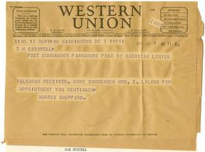 [Telegram from Morris Sheppard to T. N. Carswell - January 7, 1941]
