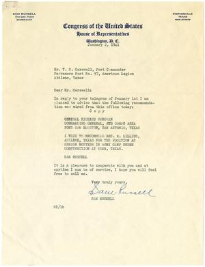 [Letter from Member-Elect Sam Russell to T. N. Carswell - January 2, 1941]