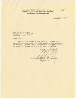 Primary view of object titled '[Letter from Major General Wm. S. Key to T. N. Carswell - January 5, 1941]'.