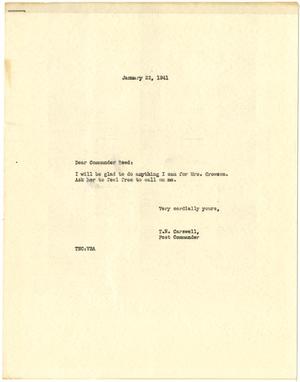 [Letter from T. N. Carswell to Commander W. O. Reed - January 22, 1941]