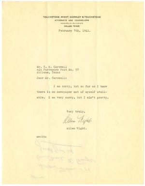 [Letter from Allen Wight to T. N. Carswell - February 7, 1941]