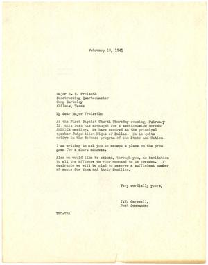 [Letter from T. N. Carswell to Major R. E. Froiseth - February 10, 1941]