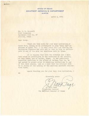 [Letter from Brigadier General J. Watt Page to T. N. Carswell - April 1, 1941]
