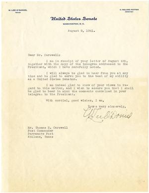 [Letter from Senator W. Lee O'Daniel to T. N. Carswell - August 8, 1941]