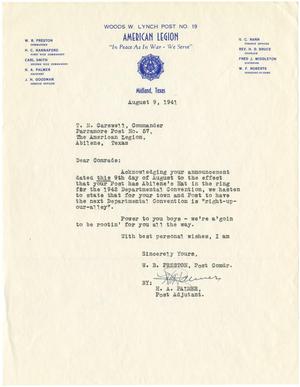 [Letter from H. A. Palmer to T. N. Carswell - August 9, 1941]