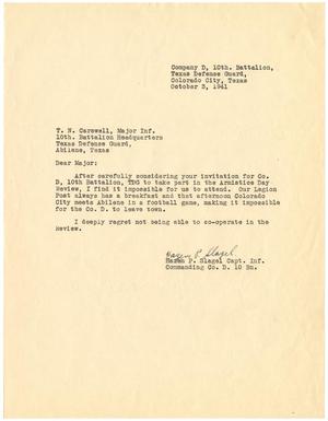 [Letter from Captain Hazen P. Slagel to Major T. N. Carswell - October 3, 1941]