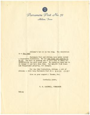 [Form letter from T. N. Carswell, Commander, Parramore Post No. 57, Abilene, Texas]