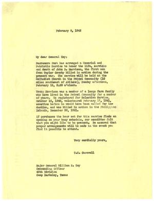 [Letter from T. N. Carswell to Major General William S. Key - February 9, 1942]