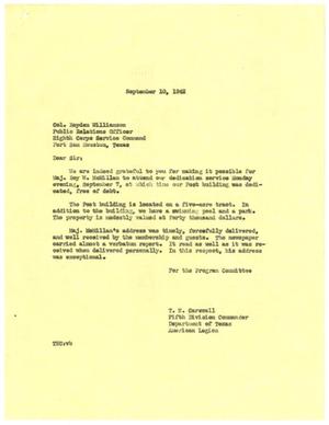 [Letter and Receipt:  From T. N. Carswell to Colonel Royden Williamson - September 10, 1942]