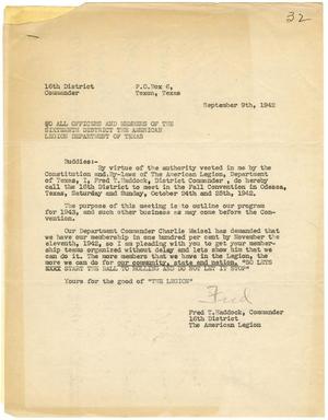 [Form letter from Fred T. Haddock addressed to all officers and members of the Sixteenth District, The American Legion]