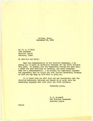 [Letter from T. N. Carswell to W. R. Gilliam - September 26, 1942]