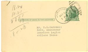 Primary view of object titled '[Postcard from W. R. Gilliam addressed to T. N. Carswell - October 8, 1942]'.