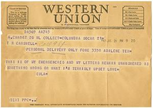 Primary view of object titled '[Telegram from Eula Clark to T. N. Carswell - July 21, 1949]'.