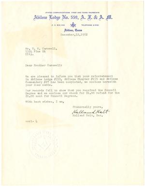 [Letter from Holland Holt to T. N. Carswell - December 12, 1952]