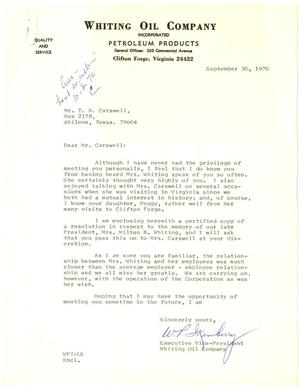 Primary view of object titled '[Letter from W. P. Ikenberry to T. N. Carswell - September 30, 1970]'.
