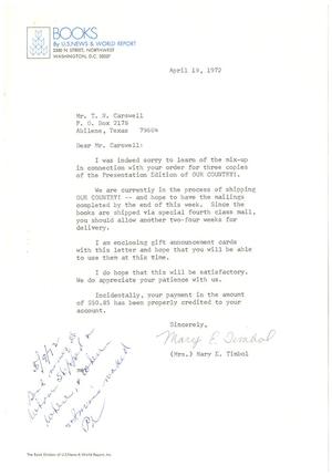Primary view of object titled '[Letter from Mary E. Timbol to T. N. Carswell - April 19, 1972]'.