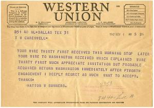 [Telegram from Representative Hatton W. Sumners to T. N. Carswell - November 1, 1942]