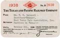 Thumbnail image of item number 1 in: '[The Texas and Pacific Railway Company pass issued by H. E. Casper or C. G. Ainsworth to T. N. Carswell]'.