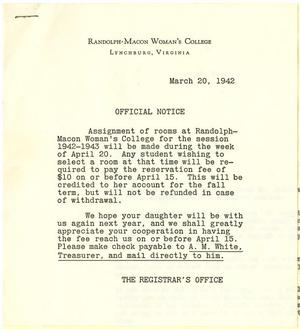Primary view of object titled '[Official Notice from the Registrar's Office of Randolph-Macon Woman's College]'.