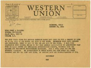 Primary view of object titled '[Telegram to Peggy Carswell from T. N. Carswell - October 20, 1944]'.