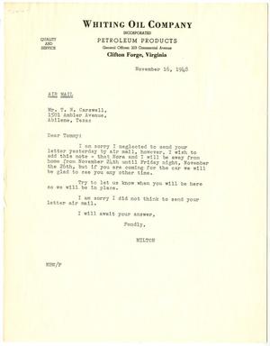 Primary view of object titled '[Letter from Milton Whiting to T. N. Carswell - November 16, 1948]'.