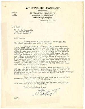 [Letter from Milton Whiting to T. N. Carswell - November 27, 1948]