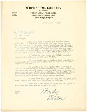 Primary view of object titled '[Letter from Milton Whiting to T. N. Carswell - February 16, 1949]'.
