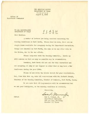 [Form letter from Sam D. Forman, Jr. addressed TO ALL LEGIONNAIRES, DEPARTMENT OF TEXAS - August 3, 1944]