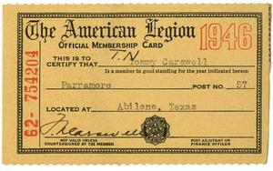 [Membership Card for The American Legion 1946 issued to T. N. Carswell]