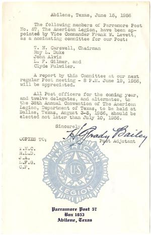 [Form letter from H. Grady Bailey - June 15, 1956]