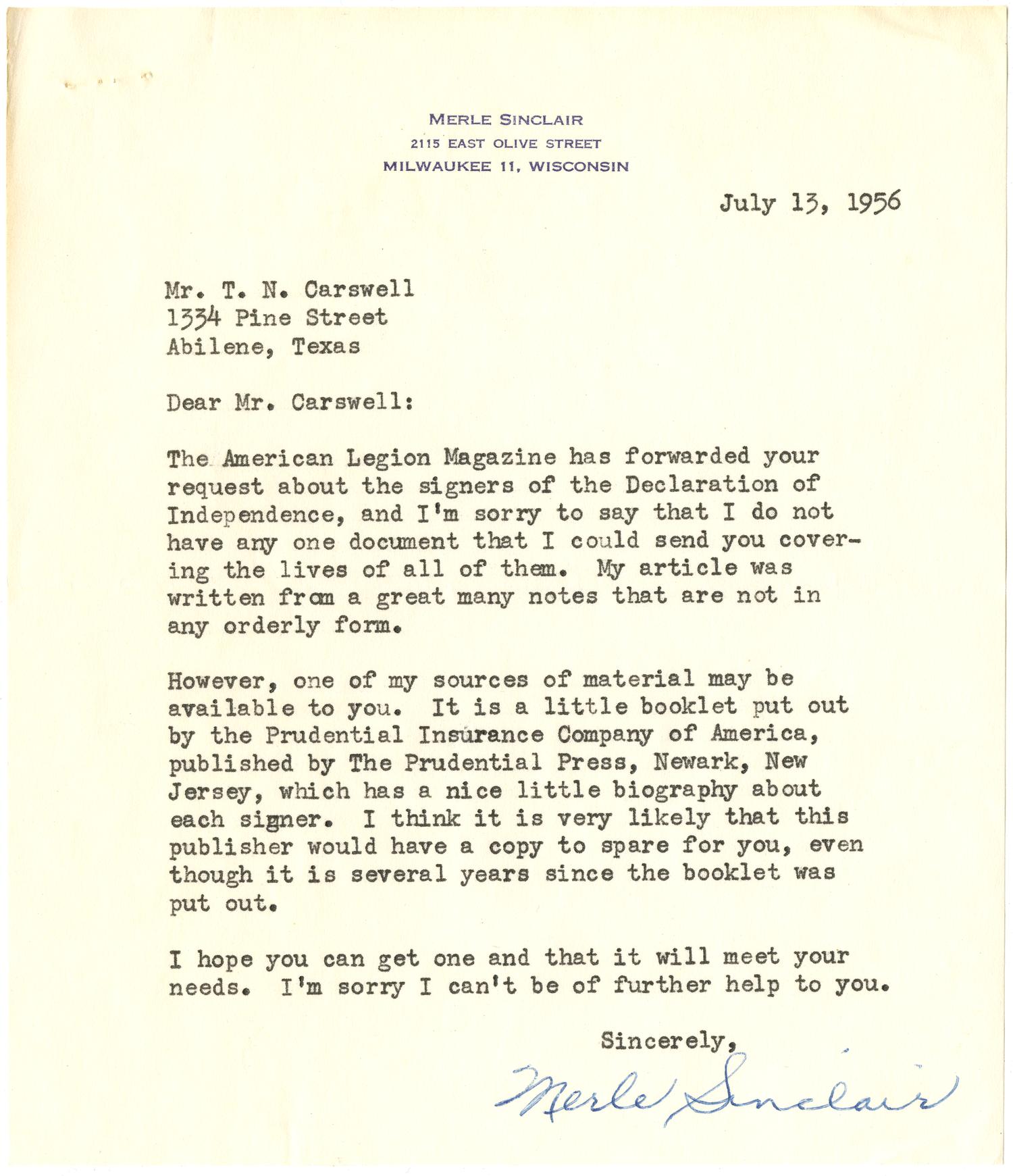 [Letter from Merle Sinclair to T. N. Carswell - July 13, 1956]
                                                
                                                    [Sequence #]: 1 of 1
                                                