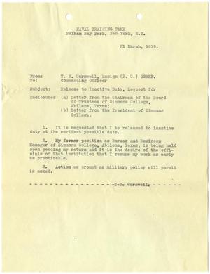 [Letter from T. N. Carswell addressed to Commanding Officer - March 31, 1919]