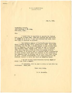 Primary view of object titled '[Letter from T. N. Carswell addressed to the Commanding General, 45th Division U. S. Army, Fort Sill, Oklahoma - January 2, 1941]'.