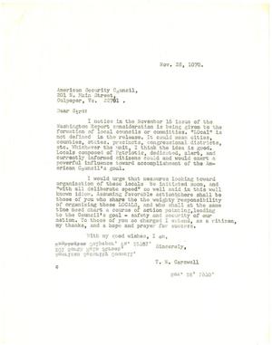 Primary view of object titled '[Letter from T. N. Carswell to the American Security Council - November 28, 1970]'.