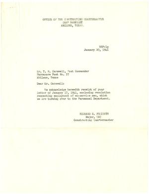 [Letter from Major Richard E. Froiseth to T. N. Carswell - January 20, 1941]