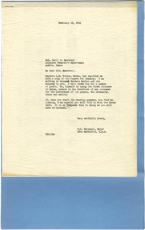 [Letter from Major T. N. Carswell to Colonel Neill H. Banister - February 13, 1941]