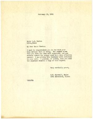 Primary view of object titled '[Letter from Major T. N. Carswell to Major L. E. Newton - February 13, 1941]'.