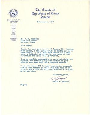 [Letter from Senator David W. Ratliff to T. N. Carswell - February 4, 1957]
