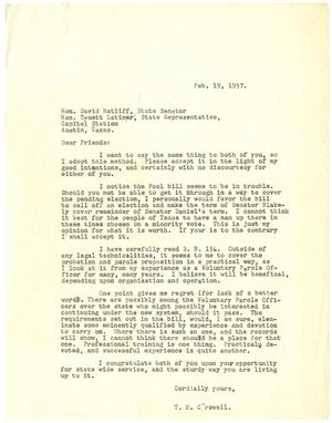 [Letter from T. N. Carswell to State Senator David Ratliff and State Representative Truett Latimer - February 19, 1957]